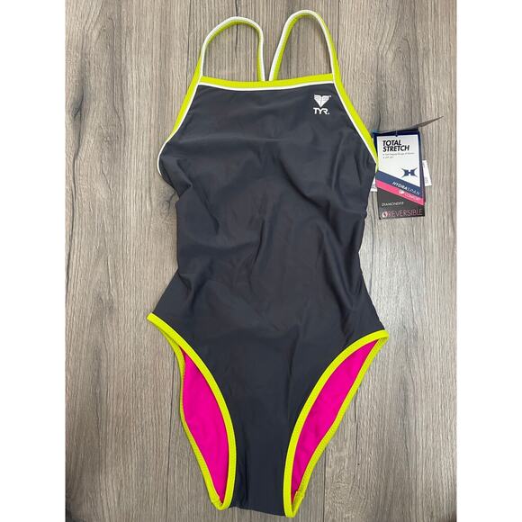 TYR HydraSpan Double Binding Reversible DiamondFit 1pc Swimsuit Grey Pink Sz 30 - Picture 3 of 11